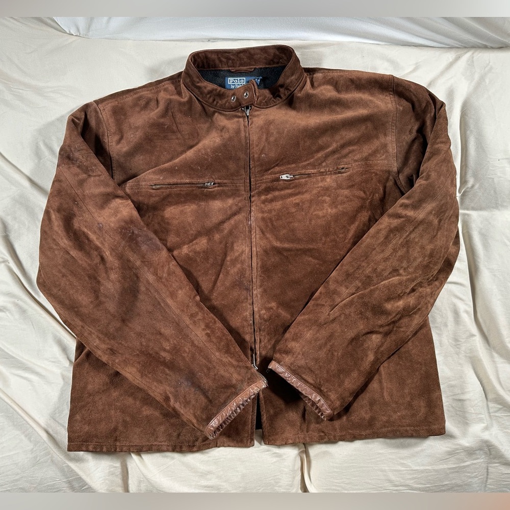 Polo Ralph Lauren Dark Brown Suede Leather Trim Full Zip Bomber Jacket XXL Flaws